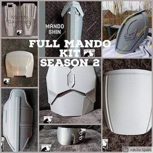 May include: A set of 3D printed Mandalorian armor pieces, including the helmet, chest plate, and shin guards. The armor is painted in a light gray color and is labeled "Full Mando Kit Season 2".