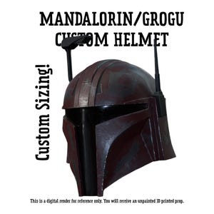 May include: A custom Mandalorian/Grogu helmet in shades of burgundy and black. The helmet features a visor, antenna, and a weathered appearance. Text on the image reads "Custom Sizing!" and "MANDALORIN/GROGU CUSTOM HELMET."