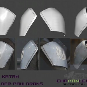 May include: A set of 3D printed shoulder pauldrons for cosplay or prop making. The pauldrons are white and have a smooth, rounded surface. The image also shows the pauldrons with a weathered, gray paint finish and a white symbol.