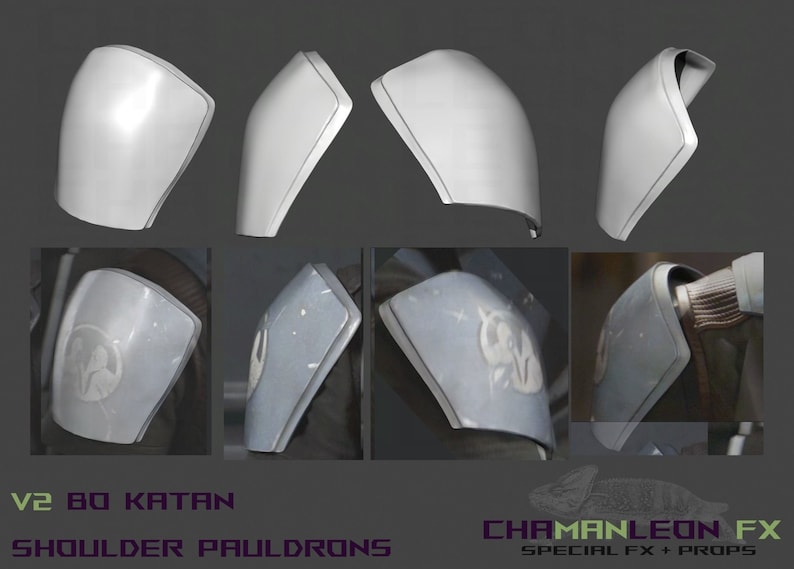 May include: A set of 3D printed shoulder pauldrons for cosplay or prop making. The pauldrons are white and have a smooth, rounded surface. The image also shows the pauldrons with a weathered, gray paint finish and a white symbol.