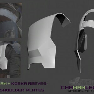 May include: A set of 3D printed plastic armor plates for cosplay or costume making. The plates are designed to fit the back and shoulders of a person. The plates are white and have a smooth finish. The text "BO KATAN + KOSKA REEVES: BACK + SHOULDER PLATES" is printed on the bottom of the image.