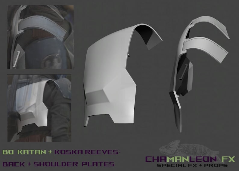 May include: A set of 3D printed plastic armor plates for cosplay or costume making. The plates are designed to fit the back and shoulders of a person. The plates are white and have a smooth finish. The text "BO KATAN + KOSKA REEVES: BACK + SHOULDER PLATES" is printed on the bottom of the image.