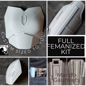 May include: A white, full-body armor kit for cosplay. The kit includes a chest piece, back piece, shoulder pads, and gauntlets. The kit is labeled "Full Femanzied Kit" and "Mando Gauntlets".