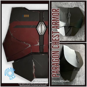 Puede incluir: Una pieza de armadura de pecho Paragon impresa digitalmente y físicamente. La armadura presenta una combinación de colores negro, rojo y gris con un diseño geométrico. La imagen incluye el texto "PARAGON CHEST ARMOR" y "MULTIPLE SIZES".