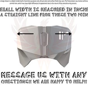 May include: A white 3D printed model of a car with a message that says "OVERALL WIDTH IS MEASURED IN INCHES, IN A STRAIGHT LINE FROM THESE TWO POINTS" and "MESSAGE US WITH ANY QUESTIONS!! WE ARE HAPPY TO HELP!!"