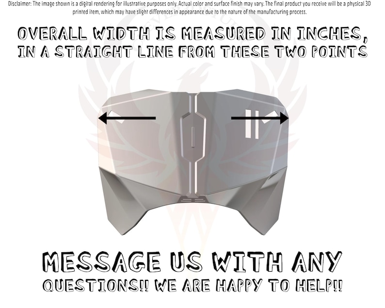 May include: A white 3D printed model of a car with a message that says "OVERALL WIDTH IS MEASURED IN INCHES, IN A STRAIGHT LINE FROM THESE TWO POINTS" and "MESSAGE US WITH ANY QUESTIONS!! WE ARE HAPPY TO HELP!!"