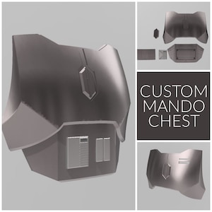 May include: A 3D printed model of a custom Mandalorian chest piece. The chest piece is made of a gray plastic and has a detailed design. The chest piece is labeled "CUSTOM MANDO CHEST".