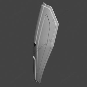 May include: A gray, 3D-printed model of a shield with a raised, rectangular design in the center. The shield is angled to the right, and the bottom edge is slightly rounded.