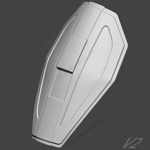 May include: A white 3D printed model of a shield with a textured surface and a raised design. The shield is shaped like a teardrop and has a rounded top. The shield has a raised design on the front, with a rectangular shape in the center and two smaller rectangular shapes on either side. The shield is labeled with the text "@ChaManleon_FX V2".