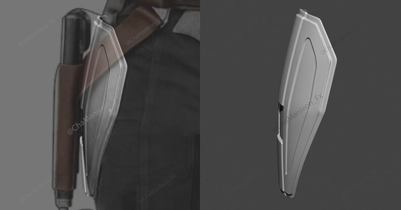 May include: A silver-colored, futuristic-looking weapon with a sharp point and a textured surface. The weapon is attached to a belt.