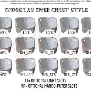 May include: Diagram showing different styles for an upper chest piece.  The styles are labeled 101, LT1, LT2, LT3, LT4, MP1, MP1_LT1, MP1_LT2, MP1_LT3, MP1_LT4, MP2, MP2_LT1, MP2_LT2, MP2_LT3, and MP2_LT4.  The text below the diagram reads "LT= OPTIONAL LIGHT SLOTS MP= OPTIONAL MANDO-PUTER SLOTS".