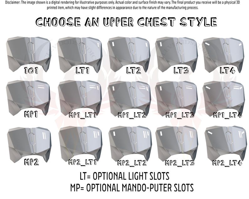 May include: Diagram showing different styles for an upper chest piece.  The styles are labeled 101, LT1, LT2, LT3, LT4, MP1, MP1_LT1, MP1_LT2, MP1_LT3, MP1_LT4, MP2, MP2_LT1, MP2_LT2, MP2_LT3, and MP2_LT4.  The text below the diagram reads "LT= OPTIONAL LIGHT SLOTS MP= OPTIONAL MANDO-PUTER SLOTS".