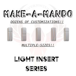 Puede incluir: Cinco tapas de interruptor de luz de metal plateado con diferentes configuraciones. El texto "MAKE-A-MANDO" está en la parte superior de la imagen. El texto "DOZENS OF CUSTOMIZATIONS!!" está debajo de las tapas de los interruptores. El texto "MULTIPLE-SIZES!!" está debajo de las tapas de los interruptores. El texto "LIGHT INSERT SERIES" está en la parte inferior de la imagen.