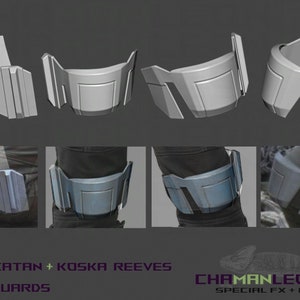 May include: A set of four gray plastic knee guards, shown in different angles. The knee guards are designed to look like futuristic armor. The image also shows the knee guards worn on a person's leg.