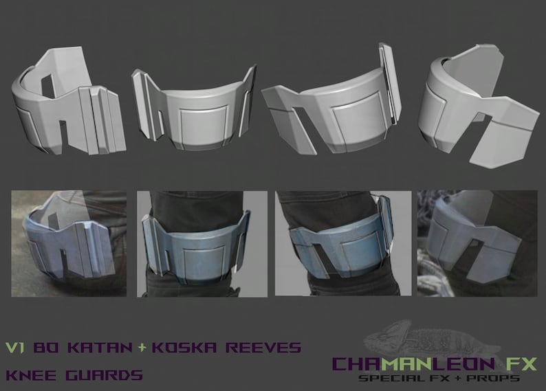 May include: A set of four gray plastic knee guards, shown in different angles. The knee guards are designed to look like futuristic armor. The image also shows the knee guards worn on a person's leg.