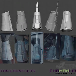 May include: A set of 3D printed gauntlets with a futuristic design. The gauntlets are gray and have a sharp, pointed tip on the top. The gauntlets are shown from different angles, including a side view, a front view, and a back view. The gauntlets are labeled "BO Katan Gauntlets" and "Chapmanleon FX Special FX + Props".