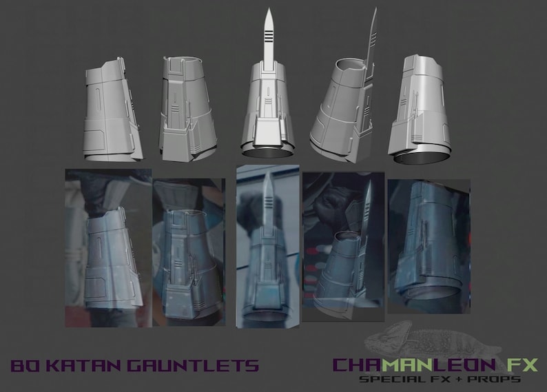 May include: A set of 3D printed gauntlets with a futuristic design. The gauntlets are gray and have a sharp, pointed tip on the top. The gauntlets are shown from different angles, including a side view, a front view, and a back view. The gauntlets are labeled "BO Katan Gauntlets" and "Chapmanleon FX Special FX + Props".