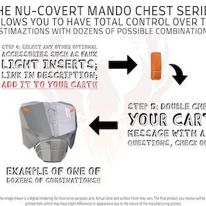 May include: A diagram showing how to customize a Mandalorian chest piece. The image shows a gray chest piece with two orange light inserts. The text reads "THE NU-COVERT MANDO CHEST SERIES ALLOWS YOU TO HAVE TOTAL CONTROL OVER THE CUSTIMAZTIONS WITH DOZENS OF POSSIBLE COMBINATIONS!! STEP 4: SELECT ANY OTHER OPTIONAL ACCESSORIES SUCH AS FAUX LIGHT INSERTS; LINK IN DESCRIPTION; ADD IT TO YOUR CART!! EXAMPLE OF ONE OF DOZENS OF COMBINATIONS!! STEP 5: DOUBLE CHECK YOUR CART, MESSAGE WITH ANY QUESTIONS, CHECK OUT!!"