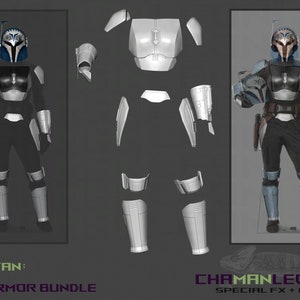 May include: Bo-Katan Kryze's Mandalorian armor, a full armor bundle, with a white helmet and blue accents. The armor is shown in pieces, with a full-body image of the armor on the right. The text "Bo-Katan: Full Armor Bundle" is at the bottom left of the image. The text "Chapman Leon FX Special FX + Props" is at the bottom right of the image.