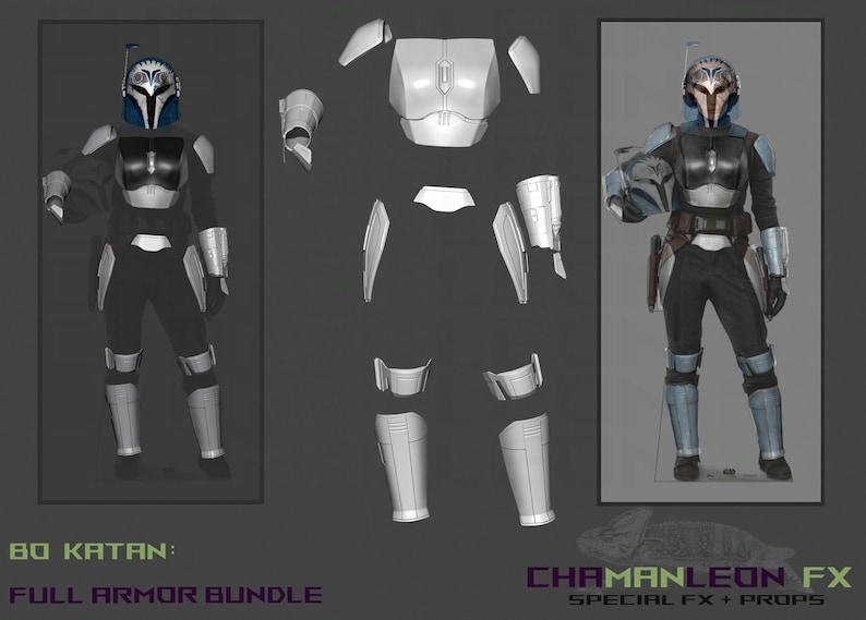 May include: Bo-Katan Kryze's Mandalorian armor, a full armor bundle, with a white helmet and blue accents. The armor is shown in pieces, with a full-body image of the armor on the right. The text "Bo-Katan: Full Armor Bundle" is at the bottom left of the image. The text "Chapman Leon FX Special FX + Props" is at the bottom right of the image.