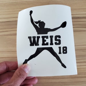 May include: A white sticker featuring a black silhouette of a softball pitcher in action. The name "WEIS" is printed in bold, block letters, with the number "18" below it. The sticker is held by a hand.
