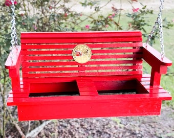 Red Porch Swing Bird Feeder: Reclaimed Wood with Santa Coin