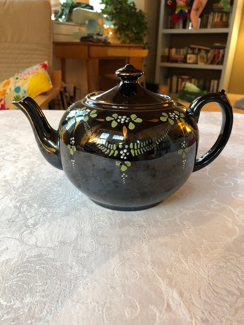 Boho English Vintage Brown Teapot With Flowers Etsy