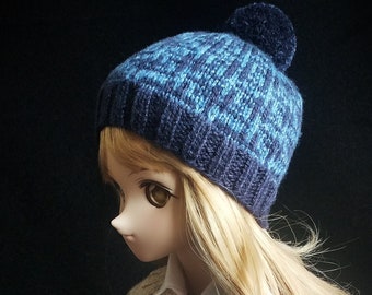 Two blues Knit Doll Hat, Crosshatch Pattern, BJD Hat, Doll Hat with Pompom, Winter Cap, Hand Knit Hat for BJD Doll 1/3 Scale Size