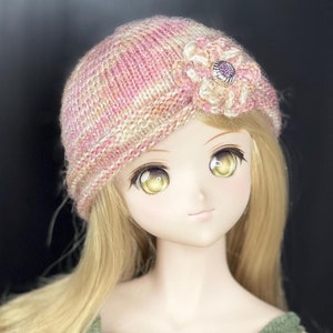 Pink Sparkle Doll Beanie, Pinks and Brown Camo, Doll Hat with Crochet Flower, Hand Knit Hat for BJD Doll 1/3 Scale Size, Doll Accessory
