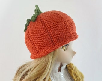 Orange Pumpkin Knit Hat for Doll, BJD Hat, Doll Hat, Hand Knit Hat for BJD Doll 1/3 Scale Size, Doll Accessory
