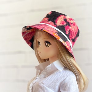 BJD Doll Bucket Hat, Pink Orange and Black Floral, Upcycled Denim, Cute Casual Doll Hat, BJD Accessory