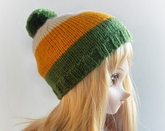 Green and Gold Striped Doll Beanie, BJD Hat, Doll Hat with Pompom, Hand Knit Hat for BJD Doll 1/3 Scale Size, Doll Accessory
