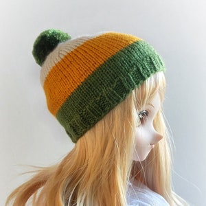 Green and Gold Striped Doll Beanie, BJD Hat, Doll Hat with Pompom, Hand Knit Hat for BJD Doll 1/3 Scale Size, Doll Accessory