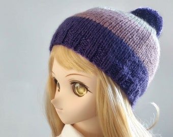 Purples Striped Doll Beanie, BJD Hat, Doll Hat with Pompom, Hand Knit Hat for BJD Doll 1/3 Scale Size, Doll Accessory