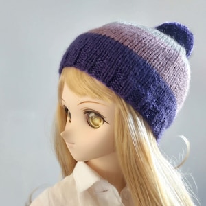 Purples Striped Doll Beanie, BJD Hat, Doll Hat with Pompom, Hand Knit Hat for BJD Doll 1/3 Scale Size, Doll Accessory