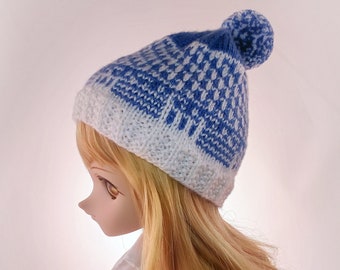 Knit Doll Hat Blue and White Patterned, BJD Hat, Doll Hat with Pompom, Winter Cap, Hand Knit Hat for BJD Doll 1/3 Scale Size, Doll Accessory