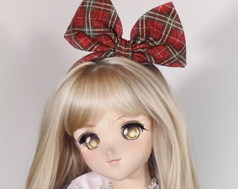 Red Plaid Bow Doll Headband, Red and Green Plaid, BJD Plaid Bow, Miniature Headband, DD size Doll Bow, BJD Accessory