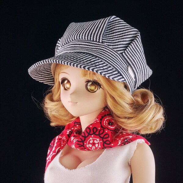 BJD Railroad Conductors Cap, Hickory Stripe Doll Hat, Black and White Striped Hat, Dollfie Dream Cap, Smart Doll Hat, Brimmed Cap