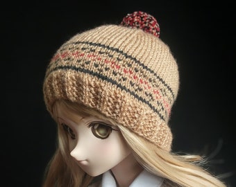 Tan Knit Doll Hat, Black and Red Check Pattern, BJD Handknit Hat, Doll Hat with Pompom, Winter, Hand Knit Hat for BJD Doll 1/3 Scale Size