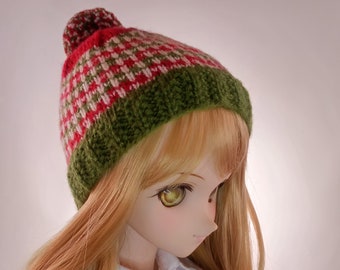 Red and Green Handknit Doll Hat, BJD Hat, Doll Hat with Pompom, Winter Cap, Hand Knit Hat for BJD Doll 1/3 Scale Size, Doll Accessory