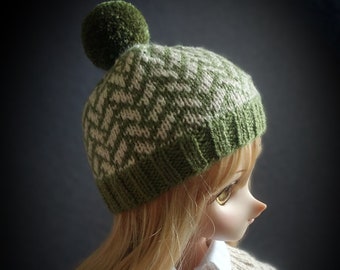 Green and White Doll Beanie, Chevron Basketweave Pattern, BJD Handknit Hat, Doll Hat with Pompom, Hand Knit Hat for BJD Doll 1/3 Scale Size