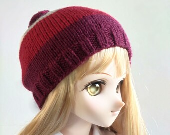 Reds Striped Doll Beanie, BJD Hat, Doll Hat with Pompom, Hand Knit Hat for BJD Doll 1/3 Scale Size, Doll Accessory