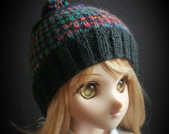 Black and Multi Color Knit Doll Beanie, BJD Hat, Doll Hat with Pompom, Winter Cap, Hand Knit Hat for BJD Doll 1/3 Scale Size, Doll Accessory