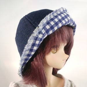 BJD Doll Fringed Denim and Plaid Reversible Tulip Hat, Distressed Denim Doll Hat with Bow, Cloche Hat, Cute BJD Doll Hat, BJD Accessory