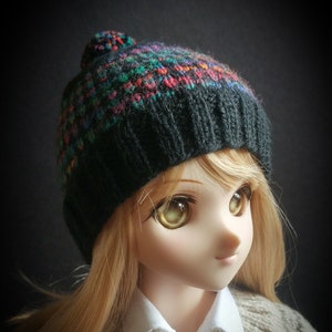Black and Multi Color Knit Doll Beanie, BJD Hat, Doll Hat with Pompom, Winter Cap, Hand Knit Hat for BJD Doll 1/3 Scale Size, Doll Accessory