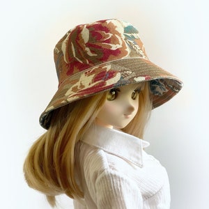 BJD Doll Bucket Hat, Red Blue and Brown Floral Camo, Upcycled Denim, Cute Casual Doll Hat, BJD Accessory