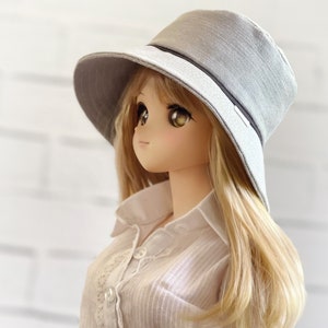 BJD Doll Bucket Hat, Pale Gray with Black Band, Upcycled Denim, Cute Casual Doll Hat, BJD Accessory