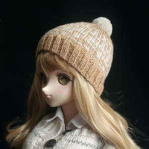 Tan and White Knit Doll Hat, Basketweave Pattern, BJD Handknit Hat, Doll Hat with Pompom, Winter, Hand Knit Hat for BJD Doll 1/3 Scale Size