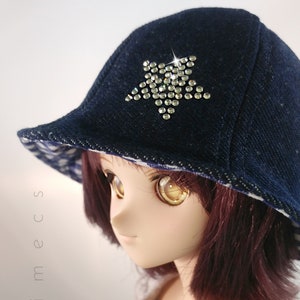 BJD Doll Denim and Blue Plaid Reversible Tulip Hat, Swarovski Crystal Star, Sweet Doll Hat, Cute BJD Doll Hat, BJD Accessories