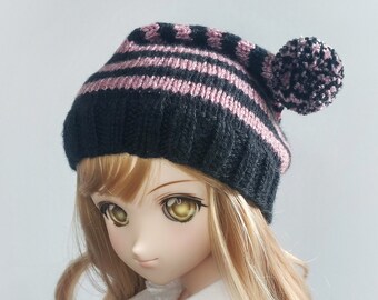 Black and Purple  Striped Doll Hat, BJD Hat, Doll Hat with Pompom, Slouch Cap, Hand Knit Hat for BJD Doll 1/3 Scale Size, Doll Accessory